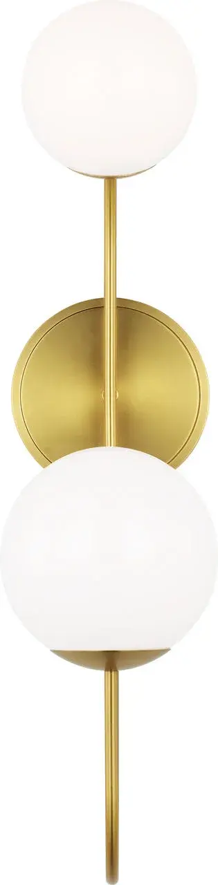 The Noemie Large Sconce combines fluid, sculptural design with modern elegance. Two frosted glass orbs suspended by sweeping brass arms create a dynamic focal point perfect for contemporary and art deco-inspired interiors.