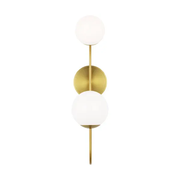 The Noemie Large Sconce combines fluid, sculptural design with modern elegance. Two frosted glass orbs suspended by sweeping brass arms create a dynamic focal point perfect for contemporary and art deco-inspired interiors. - alternate view