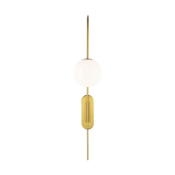 The Noemie Grande Sconce combines graceful curves with bold sculptural design, featuring a milk glass orb that casts soft, ambient light. Its Burnished Brass finish adds luxury to modern and eclectic interiors alike. - alternate view