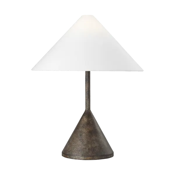 The Brachion Medium Table Lamp combines transitional design with industrial influences, featuring a distinctive rustic bronze finish. Its medium scale makes it adaptable to various settings from residential to hospitality.
