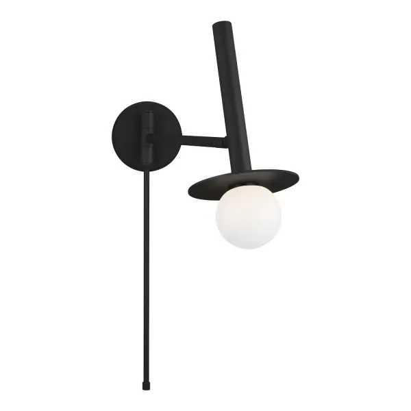 Kelly Wearstler's Nodes sconce combines minimalist form with bold materiality. The pivoting arm extends 18.75 inches from the wall, making it ideal for task lighting in bathrooms and bedside applications. Milk glass globe softens light beautifully.