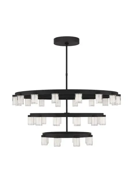 Kelly Wearstler's Esfera is a commanding three-tier chandelier that transforms geometric precision into art. The interplay of etched crystal prisms and linear black metal creates dramatic visual interest while delivering exceptional LED illumination.