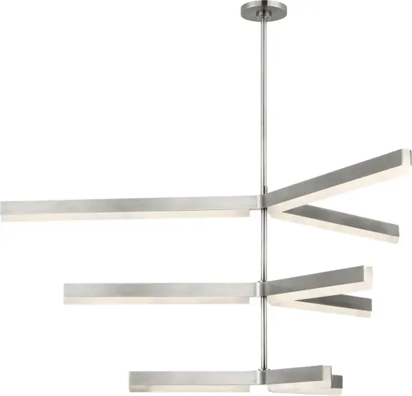 The Linea 56" chandelier commands attention with its impressive three-tier design and substantial 56-inch diameter. Finished in sophisticated Antique Nickel with warm 2700K LED lighting at 90 CRI, it delivers both architectural presence and exceptional light quality for expansive interiors. - alternate view