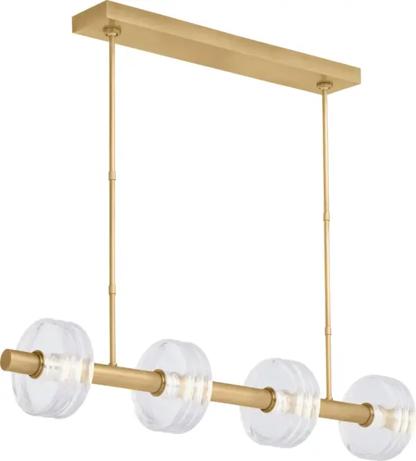 Kelly Wearstler's Laurel chandelier is a stunning statement piece featuring handcrafted Italian glass disks that create mesmerizing light movement. The 46.7-inch linear design pairs warm brass with integrated LED technology for both beauty and performance.