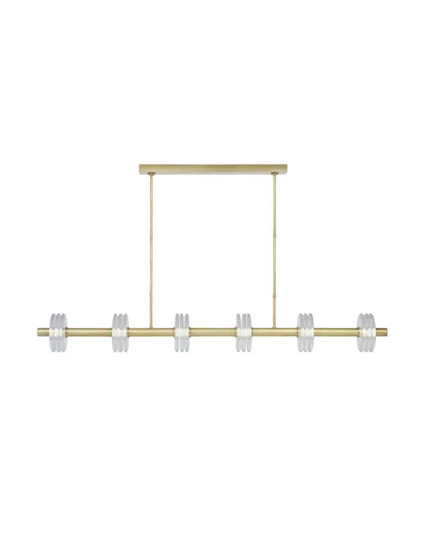 Kelly Wearstler's Laurel chandelier is a stunning statement piece featuring handcrafted Italian glass disks that create mesmerizing light movement. The 46.7-inch linear design pairs warm brass with integrated LED technology for both beauty and performance. - alternate view