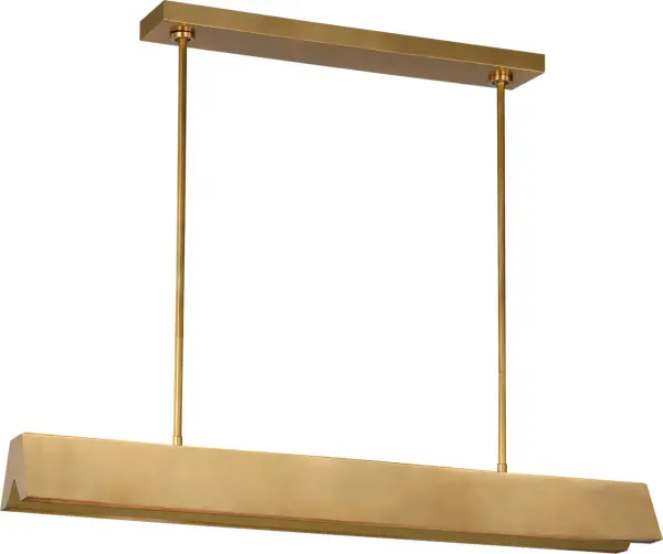 The Pench Medium Linear Chandelier combines contemporary design with timeless brass craftsmanship. Its linear form and warm 2700K LED lighting create an inviting ambiance perfect for modern dining spaces and kitchen islands.