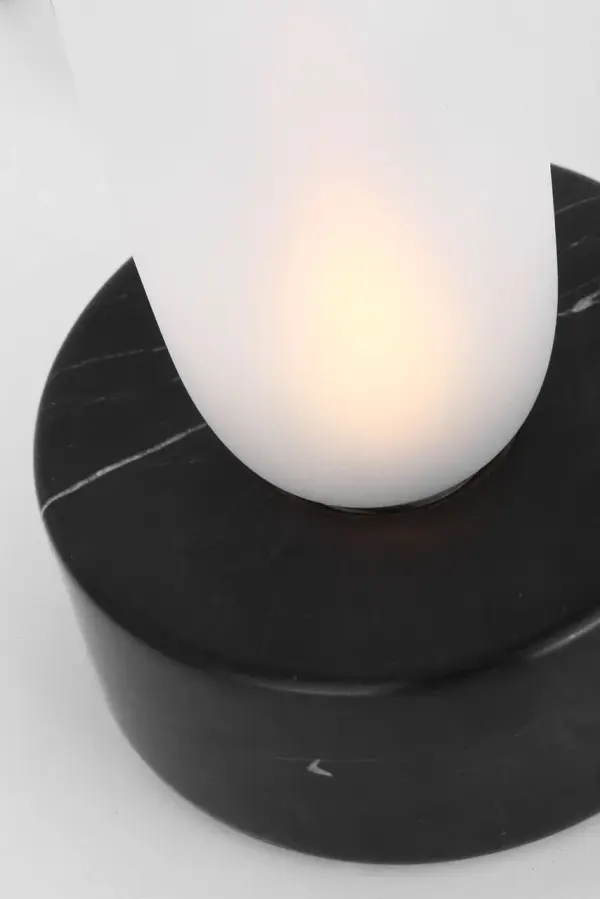 The Volver Small Table Lamp combines luxurious black marble with clear etched glass for a sophisticated contemporary aesthetic. High-quality 2700K LED with 90 CRI delivers warm, color-accurate lighting perfect for intimate spaces. - alternate view