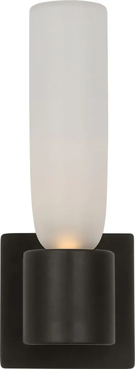 The Volver Small Single Sconce combines contemporary design with warm 2700K LED lighting and high 90 CRI color rendering. Its etched bronze finish and clear glass shade create sophisticated ambient lighting ideal for intimate spaces. - alternate view