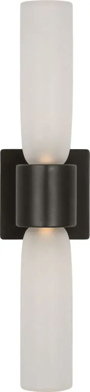 The Volver Medium Double Sconce combines transitional elegance with modern LED technology. Its clear etched glass shades and bronze finish create sophisticated ambient lighting perfect for bathrooms and hallways. - alternate view