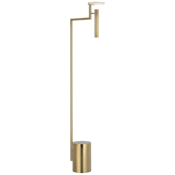 The Melange floor lamp features a distinctive floating disc design with natural alabaster diffuser and antique-burnished brass finish. At 52" tall, it provides ambient lighting with architectural presence.