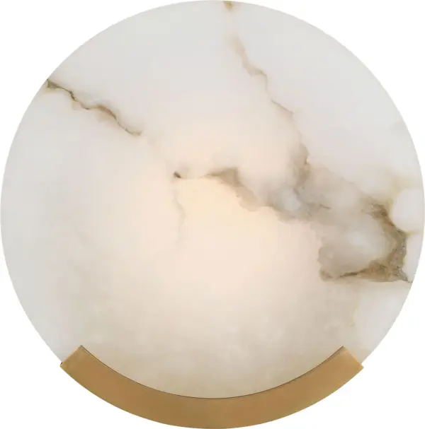 Kelly Wearstler's Melange sconce combines carved natural alabaster with antique-burnished brass for a sophisticated, organic modern aesthetic. The unique alabaster veining creates soft, ambient lighting while the rounded forms add sculptural interest to walls.