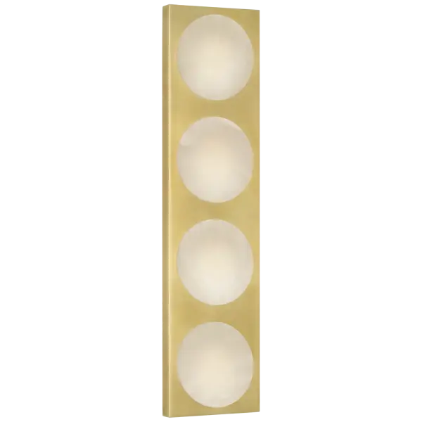The Dichotomy sconce combines antique-burnished brass with luminous alabaster shades, creating a refined statement piece. Its 18-inch width and 4-light configuration provide substantial illumination while maintaining elegant proportions.