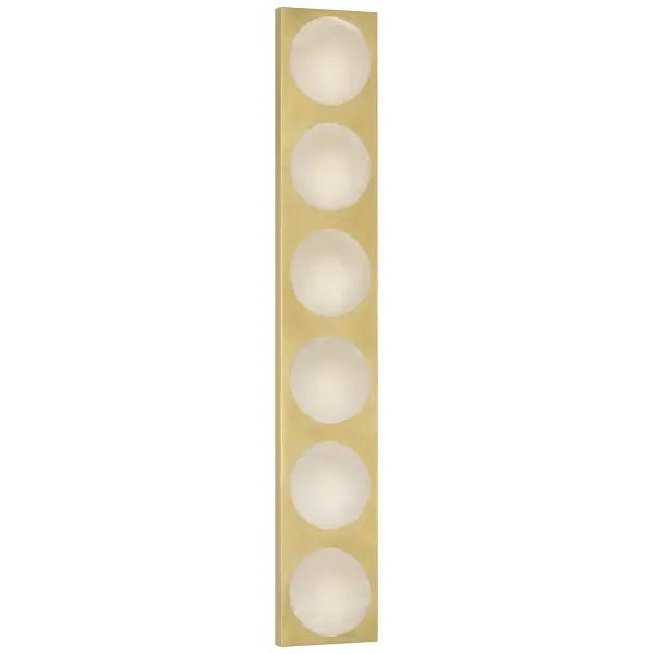 The Dichotomy sconce makes a bold architectural statement with its 27-inch height and six-light configuration. Antique-burnished brass paired with natural alabaster creates sophisticated ambient lighting perfect for upscale interiors.