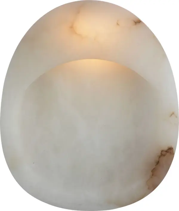 The Esculpa wall light combines organic alabaster with warm antique brass for a sophisticated statement piece. Its 14-inch rounded form creates ambient lighting while serving as functional art for refined interiors. - alternate view