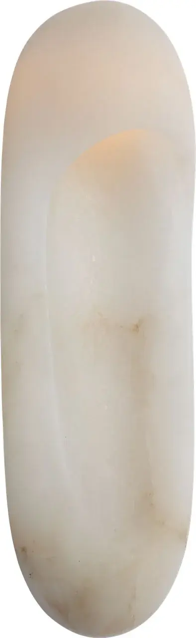 The Esculpa wall light combines natural alabaster with antique-burnished brass for a sophisticated, organic aesthetic. Its 18-inch elongated form creates dramatic visual impact while providing soft, diffused lighting.