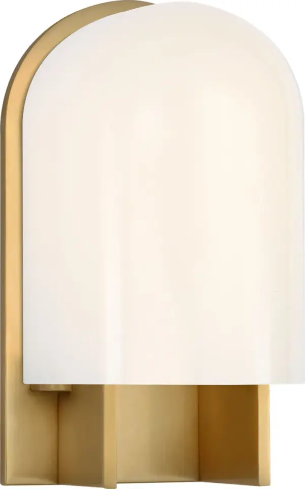 The Trouve 8" Sconce combines classic brass warmth with clean contemporary lines. Its white glass shade provides soft, diffused light while the antique-burnished brass finish adds timeless sophistication to any space. - alternate view