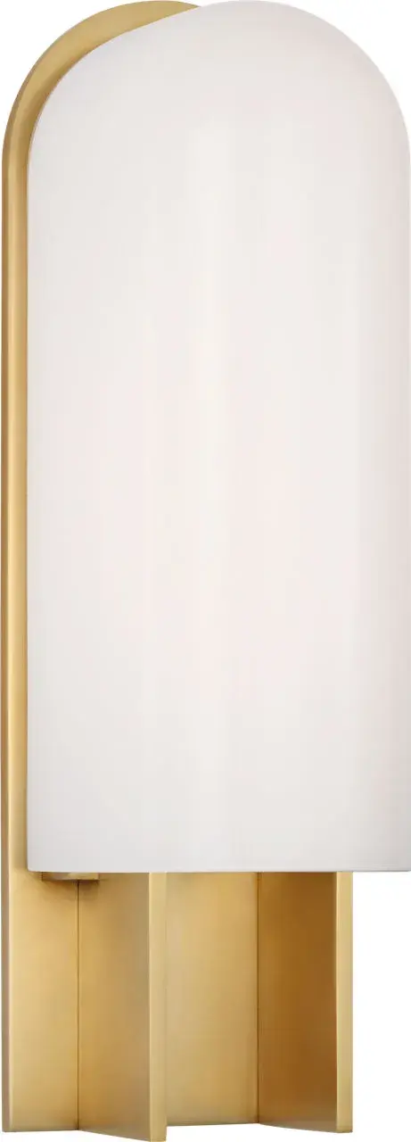 The Trouve 14" sconce combines classic brass warmth with contemporary clean lines. Its white glass shade provides soft, diffused light while the antique-burnished brass finish adds sophisticated character to any space. - alternate view