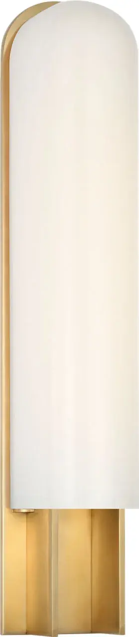 The Trouve sconce combines classic brass warmth with contemporary clean lines. At 23 inches, it makes a substantial statement while the white glass diffuses light beautifully for ambient illumination in any refined space. - alternate view