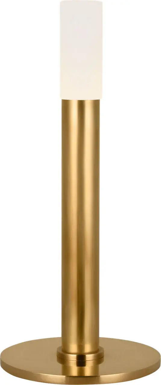 The Rousseau rechargeable accent lamp combines antique-burnished brass with etched crystal for sophisticated portable lighting. Its cordless design offers placement flexibility while the warm brass finish adds luxury to any space.