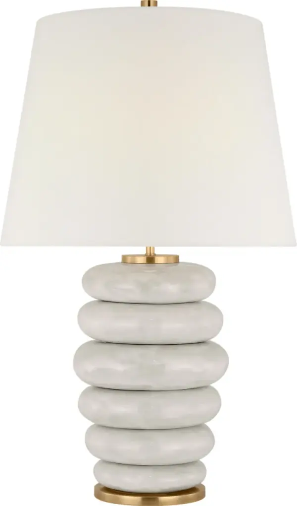 The Phoebe combines classic stacked ceramic design with modern cordless functionality. Its antiqued white finish and linen shade create a sophisticated, versatile look perfect for any room requiring flexible lighting.
