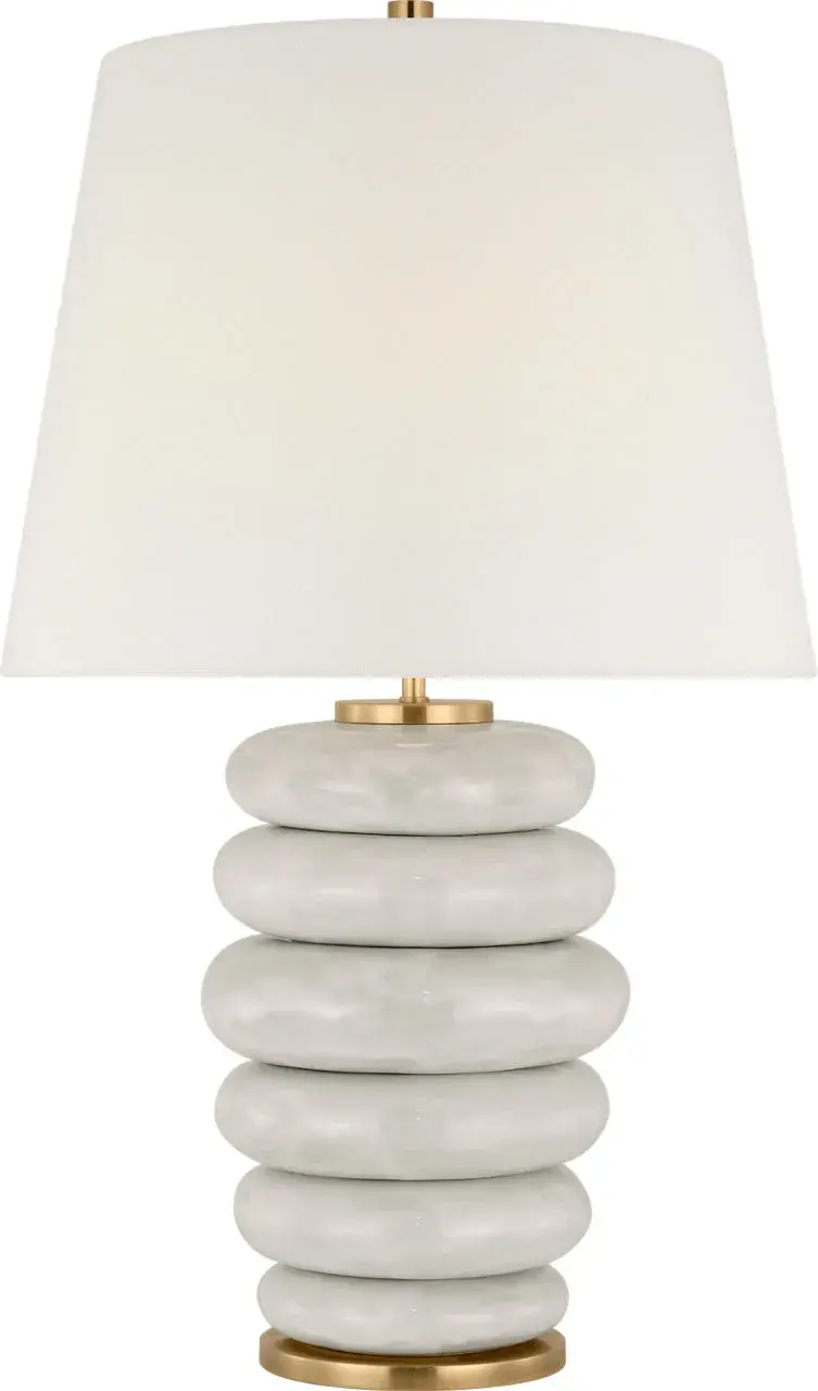 Phoebe Cordless Stacked Table Lamp in Antiqued White Ceramic with Linen Shade - Image 1