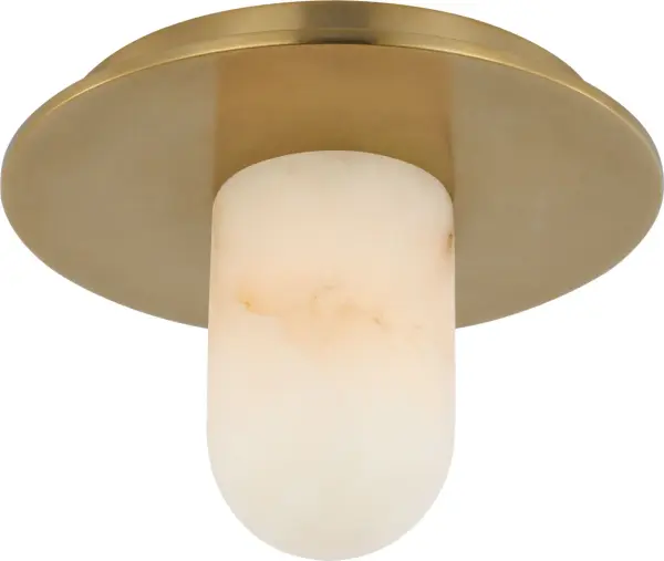 The Fosse 6" Solitaire combines refined antique brass with natural alabaster for a sophisticated, space-saving lighting solution. Perfect for smaller spaces requiring elegant ambient illumination.