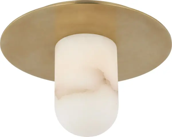 The Fosse 8" flush mount combines antique-burnished brass with natural alabaster for a sophisticated, low-profile lighting solution. Perfect for spaces with standard ceiling heights requiring refined illumination. - alternate view