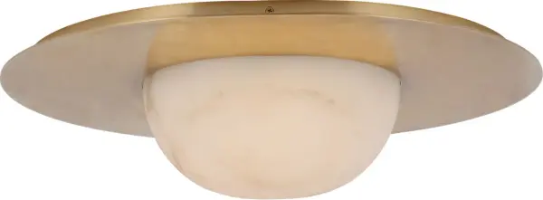 The Fosse flush mount combines antique-burnished brass with luminous alabaster for a refined, transitional aesthetic. At 21" wide, it makes a substantial statement while maintaining a low profile ideal for standard ceiling heights.
