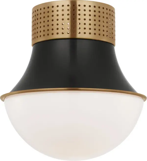 The Precision 9" flush mount combines antique-burnished brass and bronze finishes with white glass for a sophisticated, low-profile lighting solution. Perfect for spaces with standard ceiling heights.