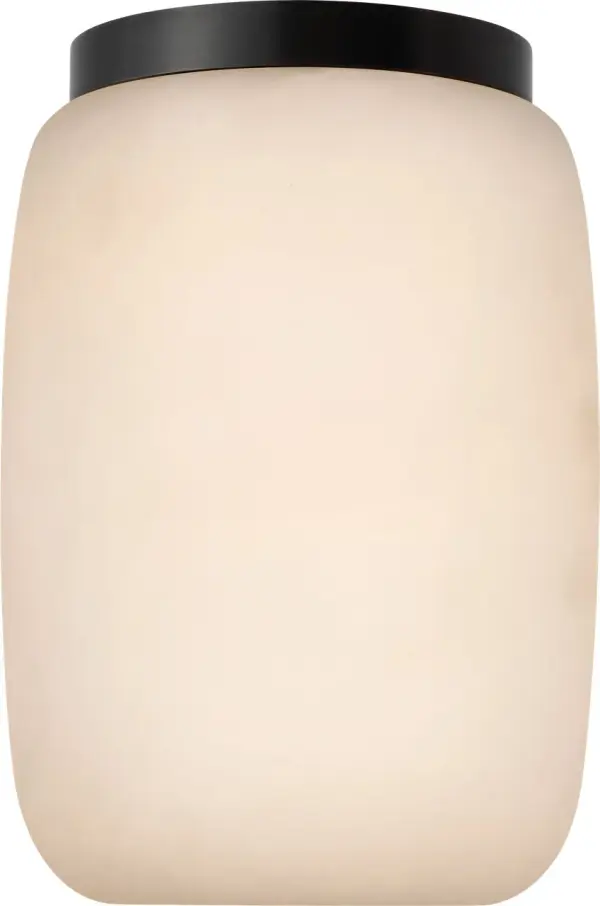 The Formosa 5" flush mount combines warm alabaster stone with bronze metalwork in a sleek elongated profile. Perfect for low-ceiling spaces requiring sophisticated ambient lighting with a natural, organic aesthetic.