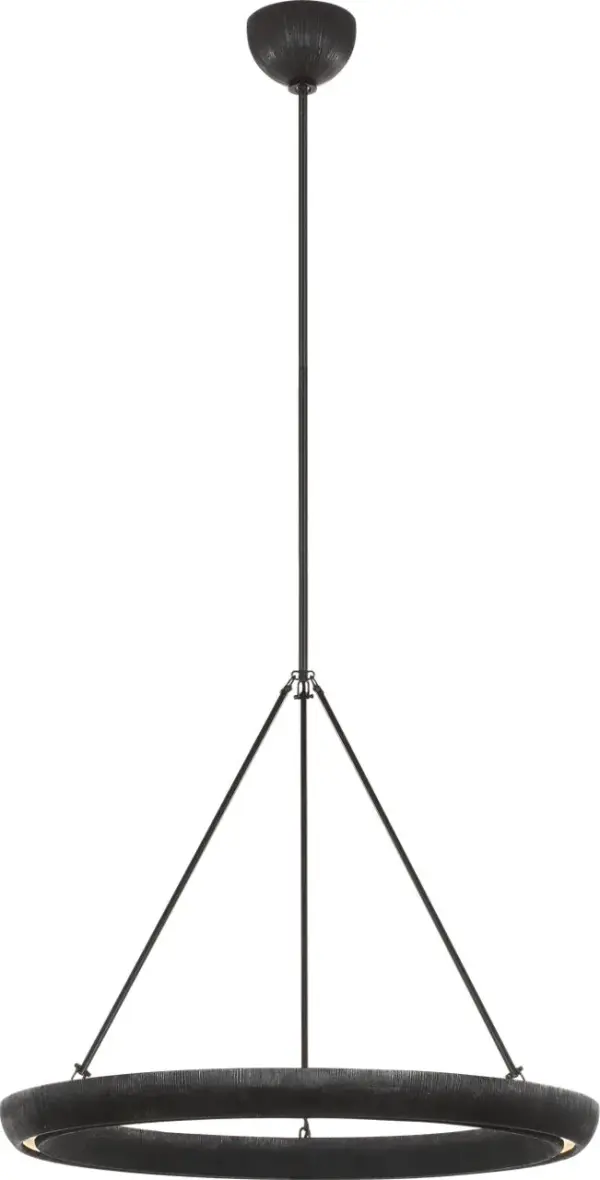 The Utopia Ring Chandelier features a bold 30-inch circular silhouette in aged iron finish, delivering modern sophistication with industrial undertones. Its open ring design creates visual drama while maintaining an airy presence. - alternate view