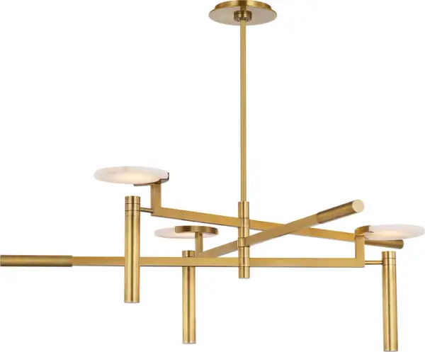 The Melange chandelier features a striking 36-inch floating disc design that creates dramatic visual impact. Antique-burnished brass finish paired with natural alabaster delivers sophisticated warmth and architectural presence.