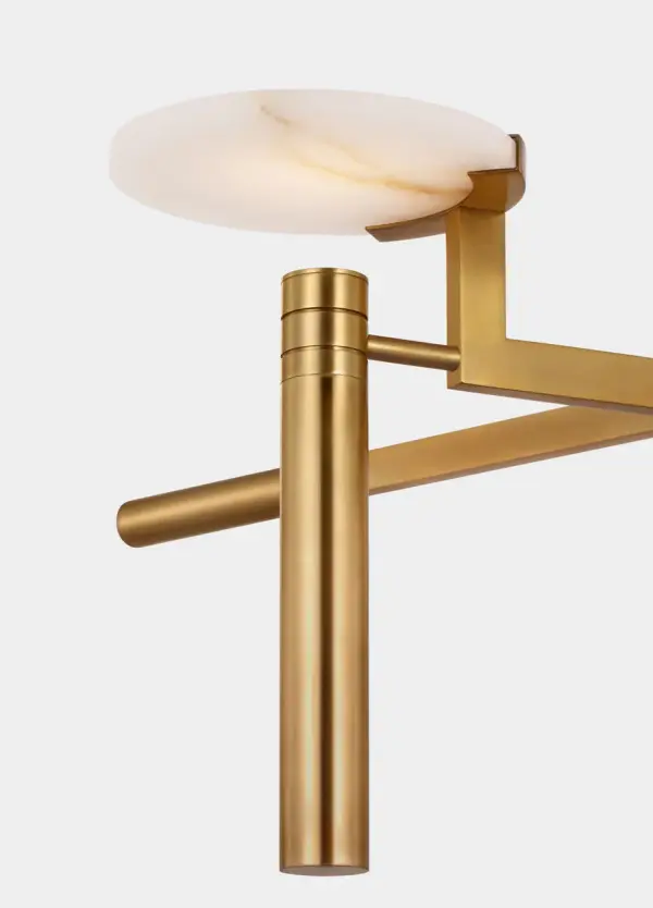 The Melange chandelier features a striking 36-inch floating disc design that creates dramatic visual impact. Antique-burnished brass finish paired with natural alabaster delivers sophisticated warmth and architectural presence. - alternate view