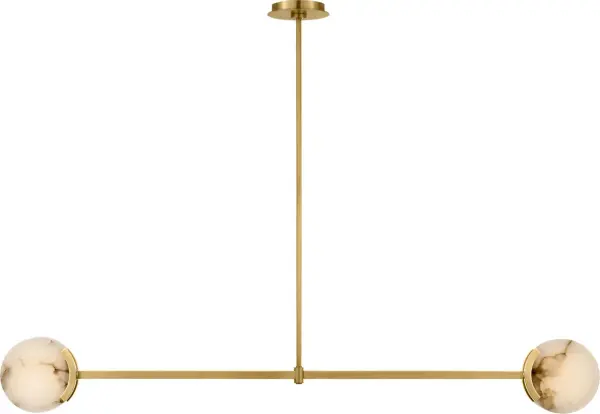 The Melange 54" Linear Pendant combines antique-burnished brass with natural alabaster for a refined, transitional aesthetic. Its substantial length makes it ideal for large dining tables and kitchen islands.