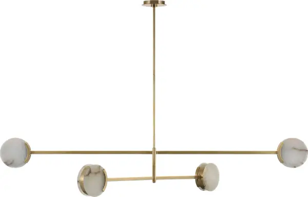The Melange chandelier combines sophisticated antique-burnished brass with luminous alabaster shades in a dramatic 72-inch linear design. Its multi-positional capability allows customization for various spaces and ceiling heights.