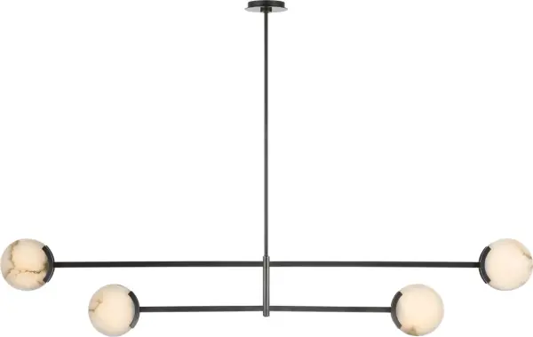 The Melange chandelier makes a bold architectural statement with its impressive 72-inch span and multi-positional configuration. Bronze finish paired with warm alabaster shades creates sophisticated ambiance in grand spaces.