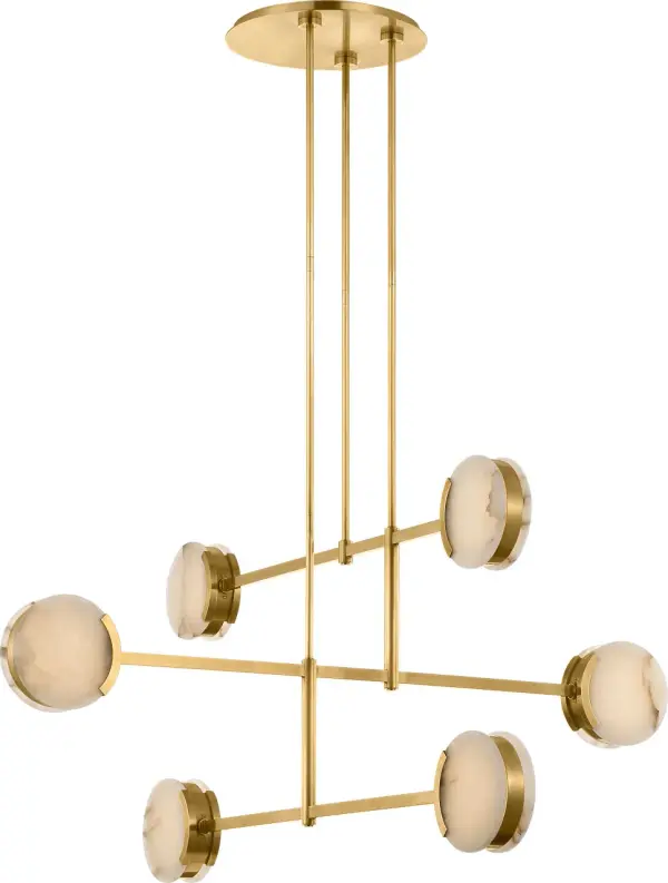 The Melange 54" chandelier combines warm antique-burnished brass with luminous alabaster shades in a sophisticated linear design. Its multi-positional capability allows for customized configurations to suit various spaces and ceiling heights. - alternate view