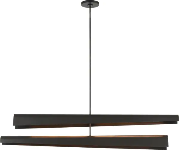 The Piel chandelier makes a bold architectural statement with its impressive 52" scale and innovative multi-positional configuration. The bronze finish adds warmth while the adjustable design allows customization for various ceiling heights and room layouts.