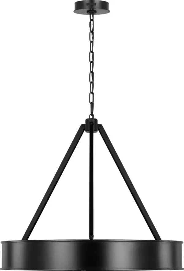 The Leonard Medium Chandelier masterfully combines bold geometric design with soft, diffused lighting. Its Aged Iron finish and white glass diffuser create a sophisticated industrial aesthetic perfect for modern and transitional spaces. - alternate view