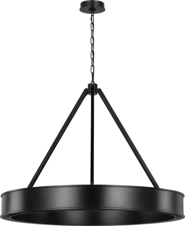 The Leonard Large Chandelier combines raw industrial appeal with refined design. Its circular frame and angled arms create a balanced, architectural presence while the white glass diffuser softens the rugged Aged Iron finish.