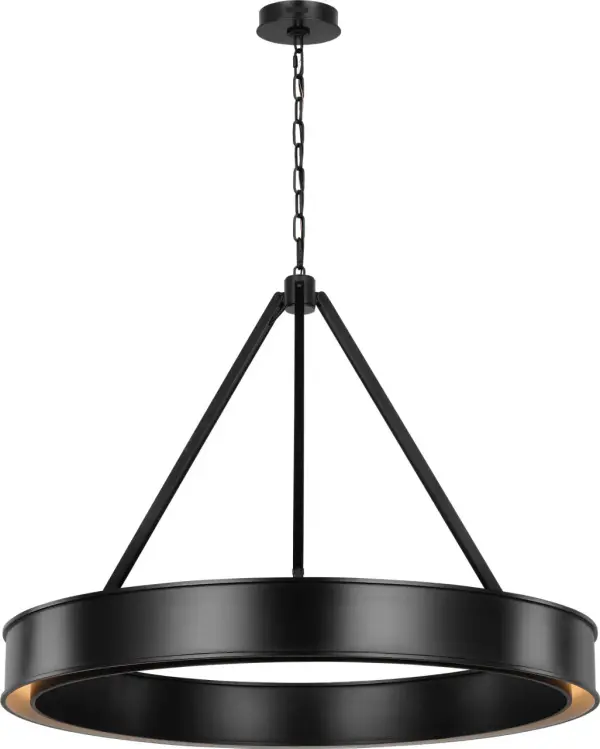 The Leonard Large Chandelier combines raw industrial appeal with refined design. Its circular frame and angled arms create a balanced, architectural presence while the white glass diffuser softens the rugged Aged Iron finish. - alternate view