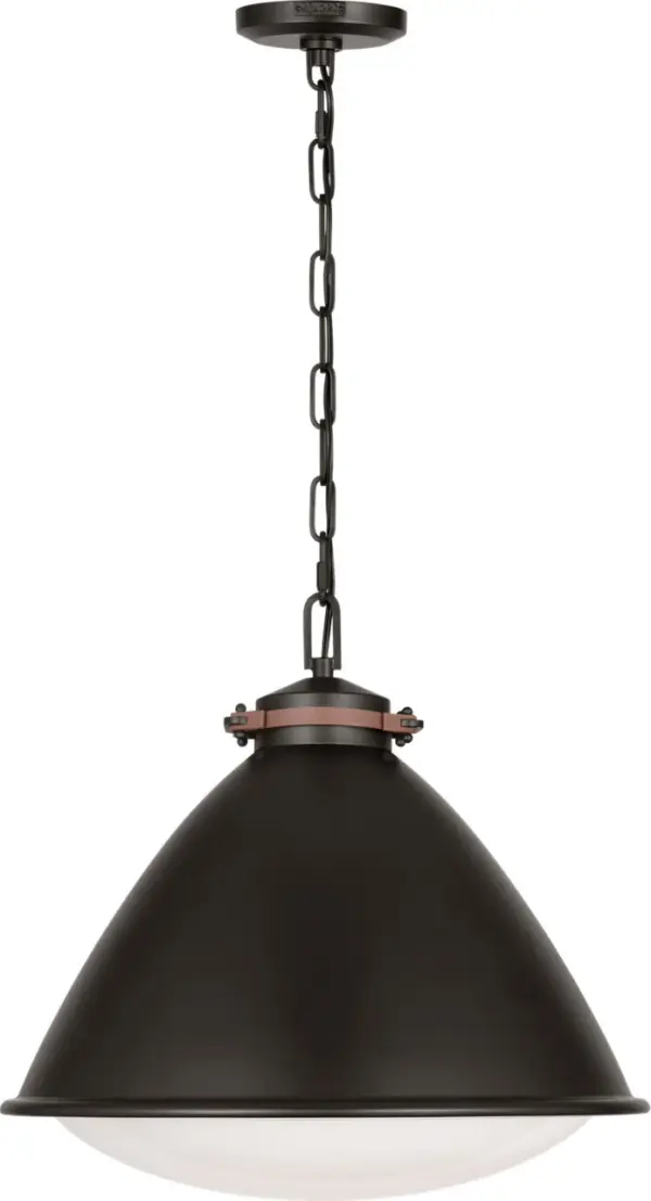 The Hayward Large Pendant combines industrial charm with refined elegance through its aged iron finish. Perfect for creating a focal point over dining tables or kitchen islands, this fixture brings character and warmth to any space. - alternate view