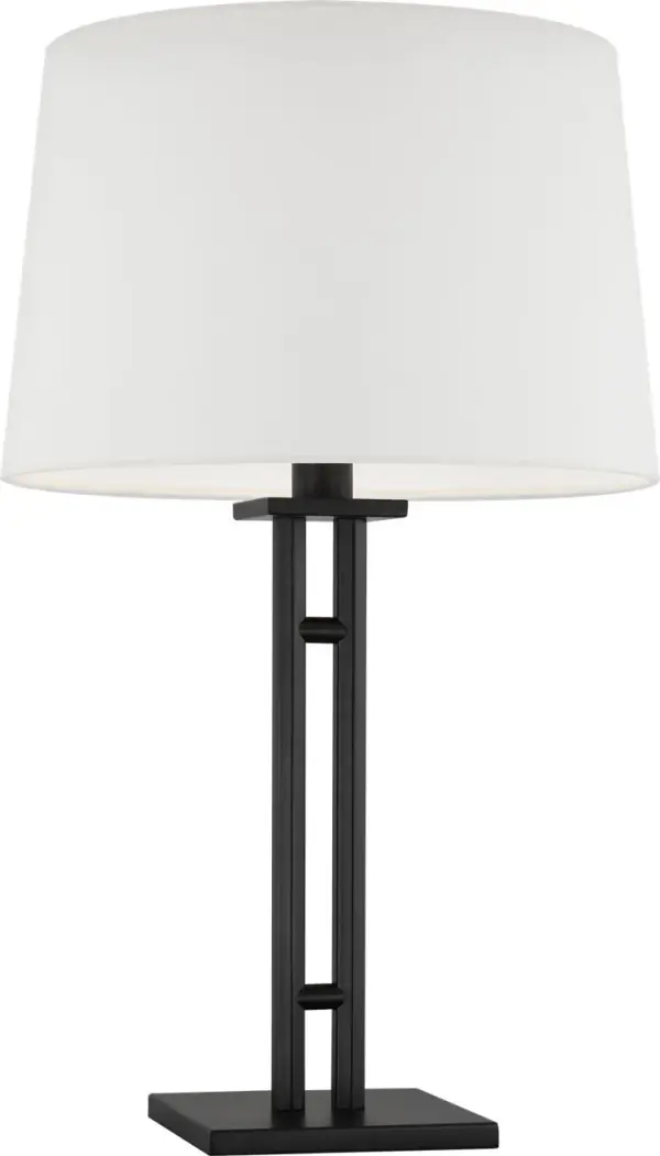 The Haddon Medium Table Lamp combines industrial charm with modern sophistication through its geometric ladder-like base in aged iron and clean white linen shade. Perfect for adding character without overwhelming a space.