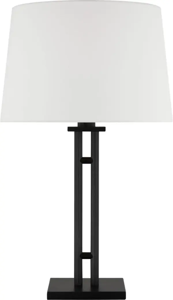 The Haddon Medium Table Lamp combines industrial charm with modern sophistication through its geometric ladder-like base in aged iron and clean white linen shade. Perfect for adding character without overwhelming a space. - alternate view