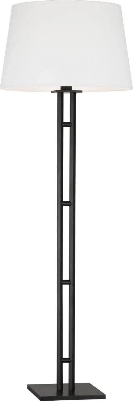 The Haddon floor lamp masterfully blends industrial aesthetics with modern sophistication. Its angular aged iron base evokes architectural strength while the crisp white linen shade softens the look, creating perfect ambient lighting for reading nooks and contemporary spaces.