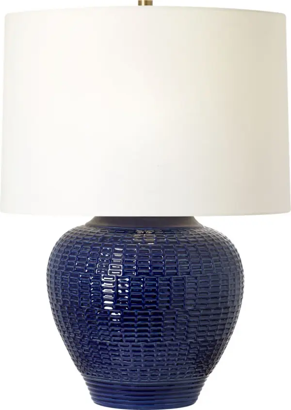 The Marcel Medium Table Lamp combines artisanal crystal craftsmanship with a striking cobalt blue finish, creating a sophisticated focal point for contemporary interiors. Its medium scale makes it versatile for bedrooms, living spaces, and offices. - alternate view