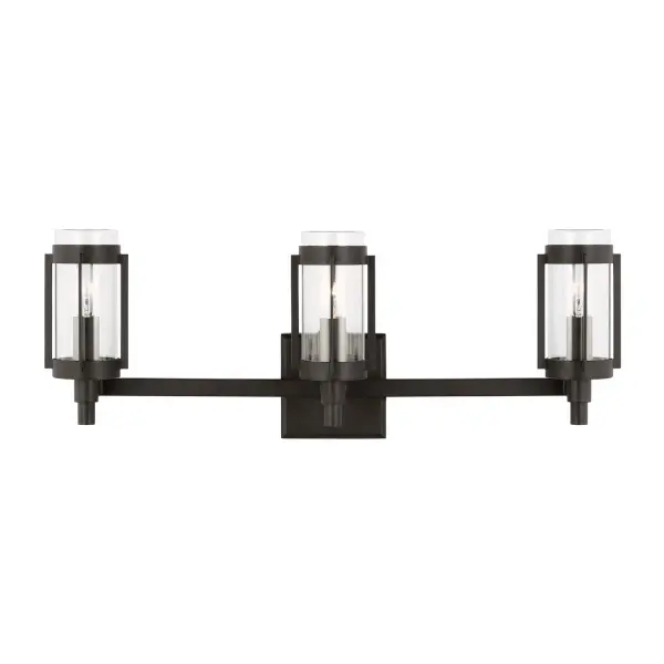 The Flynn vanity light delivers timeless mid-century design with clean lines and geometric vertical tubes. Its Aged Iron finish adds warmth and character, while the damp-rated construction ensures reliable performance in bathroom environments.