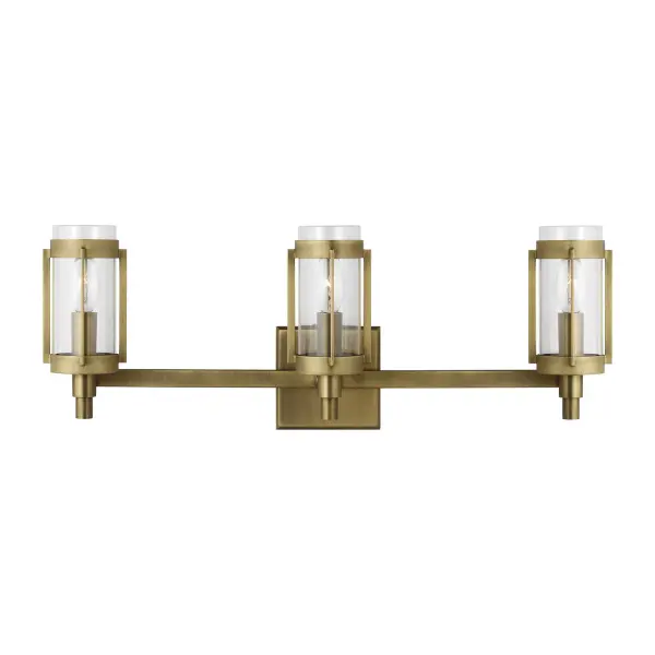 The Flynn vanity light by Lauren Ralph Lauren delivers timeless mid-century style with clean geometric lines and vertical glass tubes. The Time Worn Brass finish adds warmth and sophistication to any bathroom space.