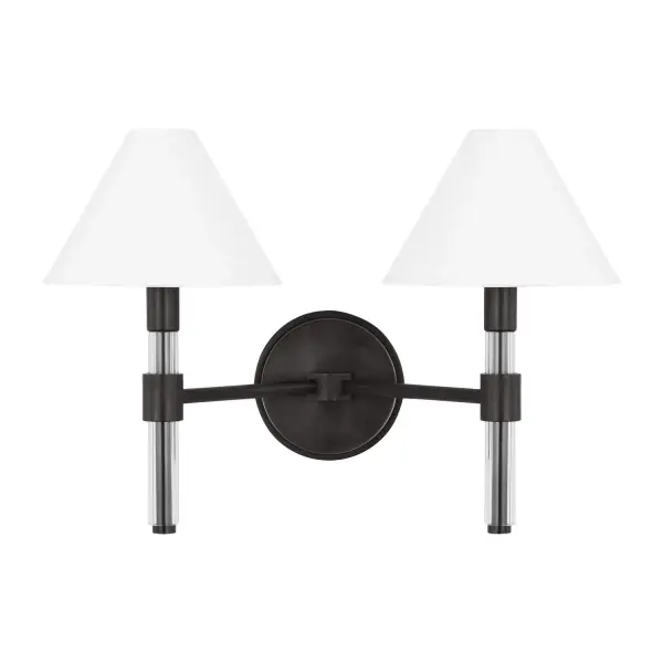 Lauren Ralph Lauren's Robert vanity combines contemporary Lucite stems with classic paper empire shades for a sophisticated transitional look. The aged iron finish adds warmth while maintaining clean lines.