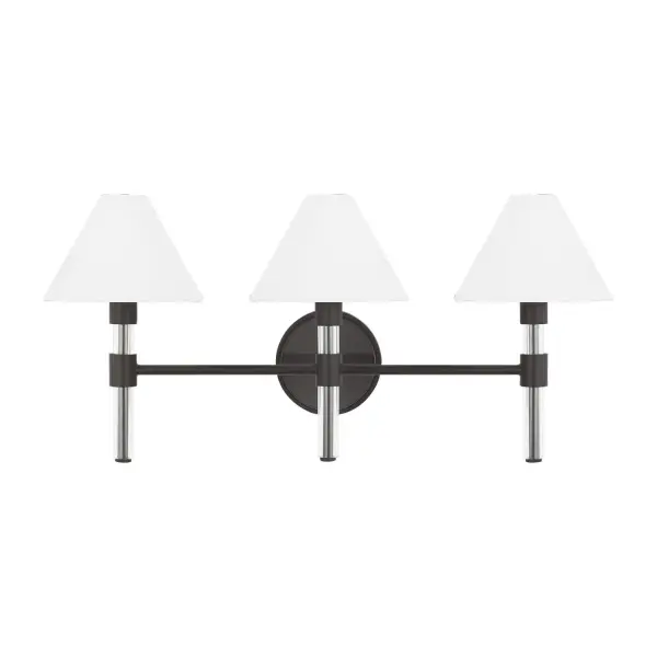 Lauren Ralph Lauren's Robert vanity fixture combines industrial aged iron with refined Lucite stems and soft paper shades. The 26.5-inch width makes it ideal for standard bathroom vanities, while the damp rating ensures durability.